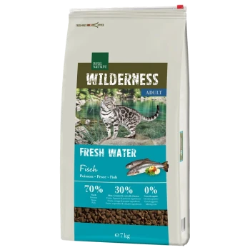 7 kg Sack Real Nature Wilderness Katzenfutter "Frisches Wasser" mit einer Bengalkatze am Fluss; 70% Fisch, 30% Früchte/Gemüse, 0% Getreide.