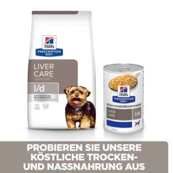 Hill's Prescription Diet Leberpflege Hundefutterverpackung, mit einem kleinen Hund und Text, der das Produkt auf Deutsch bewirbt.