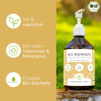 Ein Hund steht auf grünem Gras neben einer Flasche mit einem Haustier-Nahrungsergänzungsmittel, das "BIO BIERHÄNDE" beschriftet ist und gesunde Haut, Darmbakterien und Verdauung fördert.