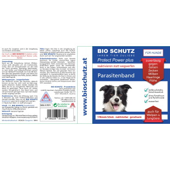 Verpackung des BIO SCHUTZ Protect Power plus Parasitenbands mit lächelndem schwarz-weißem Hund und rotem "für Hunde"-Button.
