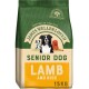 15kg bag of James Wellbeloved Senior Dog food, green and beige design, featuring a border collie, dalmatian, and red dog. "SENIOR DOG LAMB AND RICE."