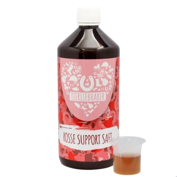 Eine Flasche 'Rosse Support Saft' Haustier Ergänzungsmittel mit einem rosa Etikett, das verschiedene haustierbezogene Icons zeigt, neben einer kleinen Tasse mit der Flüssigkeit.