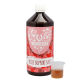 Eine Flasche 'Rosse Support Saft' Haustier Ergänzungsmittel mit einem rosa Etikett, das verschiedene haustierbezogene Icons zeigt, neben einer kleinen Tasse mit der Flüssigkeit.