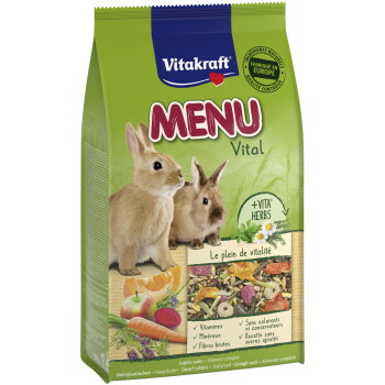 Sac de nourriture Vitakraft MENU Vital pour lapins avec deux lapins, mélange de légumes et herbes et textes visibles « +VITA HERBS » et « Le plein de vitalité ».