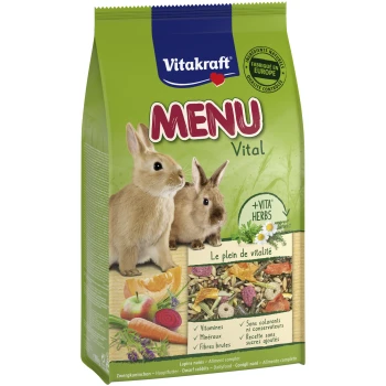 Sac de nourriture Vitakraft MENU Vital pour lapins avec deux lapins, mélange de légumes et herbes et textes visibles « +VITA HERBS » et « Le plein de vitalité ».