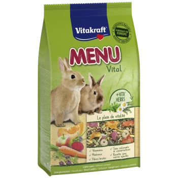 Sac de nourriture Vitakraft MENU Vital pour lapins avec deux lapins, mélange de légumes et herbes et textes visibles « +VITA HERBS » et « Le plein de vitalité ».