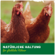 Zwei braune Hühner stehen in einem grasbewachsenen Bereich, mit dem Text 'NATÜRLICHE HALTUNG für glückliche Hühner' deutlich am unteren Rand angezeigt.
