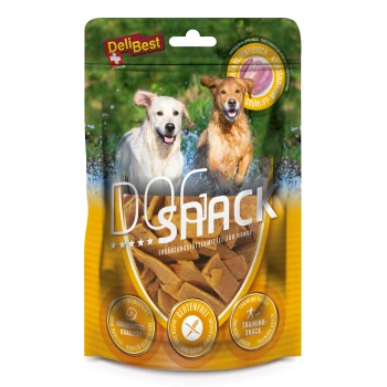 Verpackung von Hundesnacks mit gelbem Hintergrund, 'DOG SNACK' Text, glutenfreies Etikett und zwei Hunde, die im Wasser spielen.