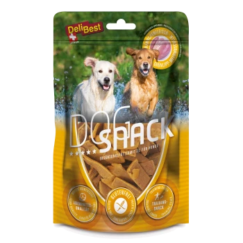 Emballage de friandises pour chiens avec un fond jaune, texte "DOG SNACK", étiquette sans gluten, et deux chiens jouant dans l'eau.