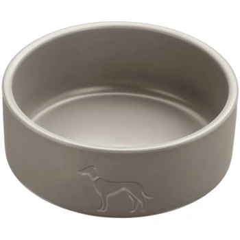 Graue Keramik-Hundefutterschüssel mit einer subtilen, geprägten Silhouette eines Hundes an der Seite.