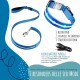 Blaue LED-Hundeleine mit USB-Ladung, mit drei Lichtmodi: blinkend, schnell blinkend und konstant. Der Text hebt hervor, dass keine Batterien benötigt werden.