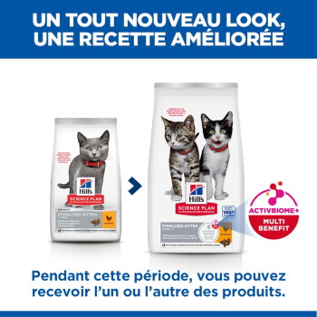 Deux sacs Hill's Science Plan pour chatons stérilisés (ancien/nouveau) avec des chatons, 'UN TOUT NOUVEAU LOOK' et badge ACTIVBIOME+