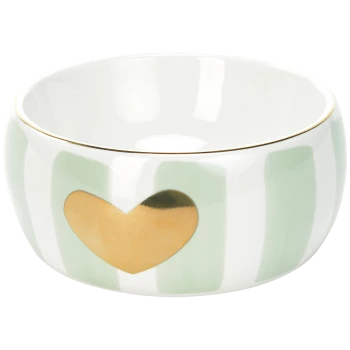 White ceramic pet bowl with mint-green vertical stripes, gold heart motif and thin gold rim on transparent background.