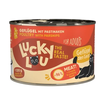 Nassfutter Katze Adult Geflügel 6x200 g Eine Dose Lucky Lou Katzenfutter, "Geflügel mit Pastinaken," mit einer schwarzen Katze und der Angabe ">96% FLEISCH! + Innereien & Kochflüssigkeit."