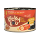 Eine Dose Lucky Lou Katzenfutter, "Geflügel mit Pastinaken," mit einer schwarzen Katze und der Angabe ">96% FLEISCH! + Innereien & Kochflüssigkeit."