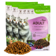 Verpackung für Katzenfutter mit einer grau-weißen Katze, beschriftet mit "Mia's ADULT - Reich an Geflügel," mit einem Haufen Trockenfutter davor.