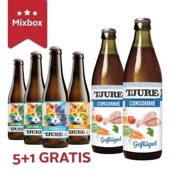Fünf bunte katzenmotivierte Flaschen von Haustierfutter-Konsommés mit den Bezeichnungen Geflügel, Fisch und Huhn mit Reis, mit der Promotion "5+1 GRATIS".