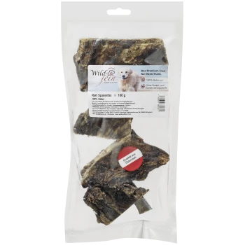 Opakowanie przysmaków dla psów z dziczyzny, 100% naturalne, z etykietą mówiącą "Der Premium-Snack für Ihren Hund" i szczegółami odżywczymi.