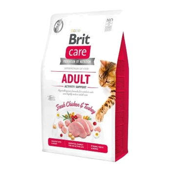 Eine Tüte Brit Care Erwachsenen Katzenfutter mit einer verspielten getigerten Katze, beschriftet mit "Frisches Huhn & Truthahn" und "Aktivitätsunterstützung."