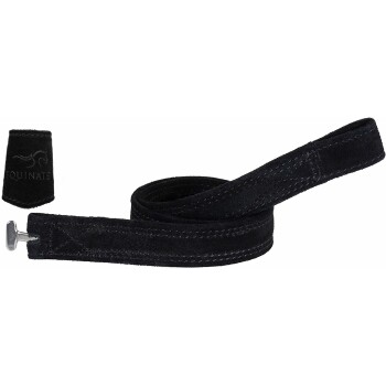 Schwarze Wildleder-Hengstzügel mit einem Metallclip, mit dem Logo "EQUINATE" auf einem kleinen angehängten Stück.