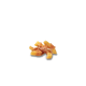 Une pile de friandises pour chiens, ressemblant à de petites bandes moelleuses dans des teintes de jaune et d'orange, sur fond blanc.