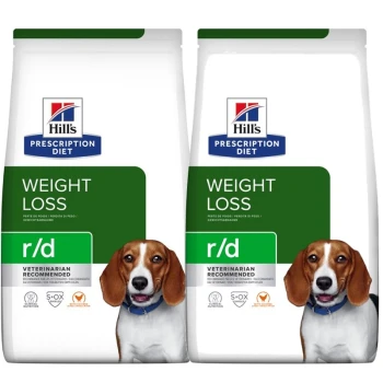Sacs de nourriture pour chiens Hill's Prescription Diet r/d Weight Loss, présentant un design vert et blanc, étiqueté "VETERINARIAN RECOMMENDED."