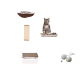 Gemütliches Katzenbett-Set mit einer plüschigen braunen Hängematte, einem Kratzbaum, einer flachen Matte und einer grauen getigerten Katze, die auf der Matte mit zwei Spielbällen ruht.