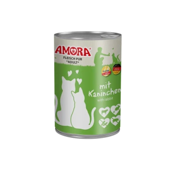 Dose AMORA Katzenfutter, grünes Etikett mit weißen Katzensilhouetten; Aufschrift 'FLEISCH PUR ADULT' und 'mit Kaninchen / with rabbit'.