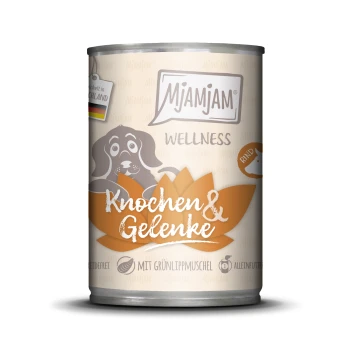 Dosen-Hundefutter "Mjamjam Wellness" mit einem Cartoon-Hund, beschriftet mit "Knochen & Gelenke," mit "mit Grünlippmuschel" und "Alleinfutter."