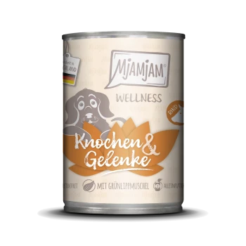 Dosen-Hundefutter "Mjamjam Wellness" mit einem Cartoon-Hund, beschriftet mit "Knochen & Gelenke," mit "mit Grünlippmuschel" und "Alleinfutter."
