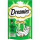 Emballage vert de friandises pour chats Dreamies avec un chat en dessin animé joueur, avec du texte mettant en avant la saveur irrésistible de la valériane et les bienfaits nutritionnels.