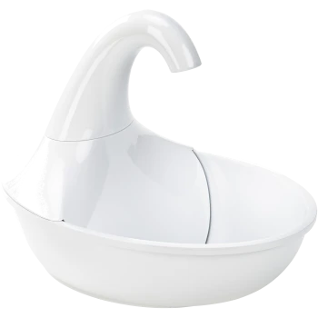 Weißer Haustier-Wasserbrunnen mit modernem, schlankem Design, das einen gebogenen Auslauf und eine breite Schüsselbasis aufweist.