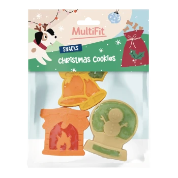 Verpackung MultiFit Snacks Christmas Cookies mit drei festlichen Haustier-Leckerlis in Form von Glocken, Kamin und Schneekugel.