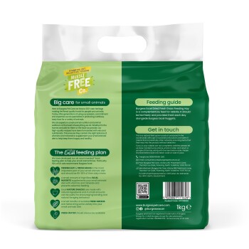 Back of green Burgess Excel small-animal hay bag displaying 'Feeding guide', 'Big care for small animals', barcode and 1kg.
