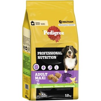 Pedigree Professional Nutrition Hundefutterbeutel, 12kg, mit einem glücklichen Hund, beschriftet "Adult Maxi" mit natürlichen Zutaten, Präbiotika und Superfoods.