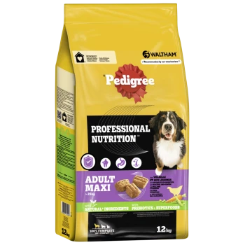 Torba karmy dla psów Pedigree Professional Nutrition, 12kg, z wesołym psem, oznaczona 'Adult Maxi' z naturalnymi składnikami, prebiotykami i superfoods.
