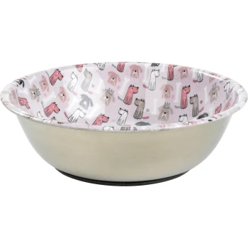 Miska dla zwierząt ze stali nierdzewnej z kolorowym wnętrzem, z rysunkami psów i kości na różowym tle.