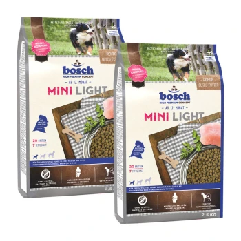 Mini Light 2,5kg 2x2,5 kg Bosch Mini Light Hundefutterverpackung, mit zwei Tüten und einem Hund auf der Vorderseite, die "20% Protein" und "7% Fett" hervorhebt.