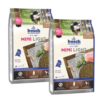 Bosch Mini Light Hundefutterverpackung, mit zwei Tüten und einem Hund auf der Vorderseite, die "20% Protein" und "7% Fett" hervorhebt.
