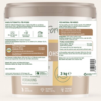 Behälter mit Aniforte Indischen Flohsamen für Pferde, 3 kg, mit Fütterungsempfehlungen und Nährwertinformationen auf Deutsch und Englisch.