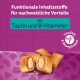 Haustier-Leckerlis auf einem hellvioletten Hintergrund, die funktionale Zutaten wie Taurin und B-Vitamine für Vitalität und Mobilität hervorheben.