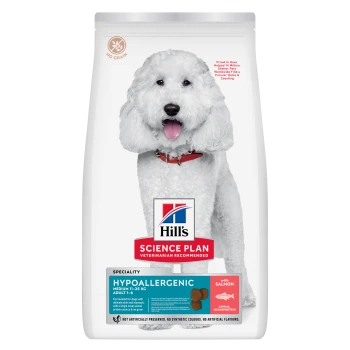 Sac de nourriture pour chien Hill's Science Plan Hypoallergenic présentant un chien blanc duveteux, étiqueté « Hypoallergenic », « with salmon » et « No Grain »