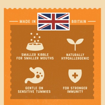 Infographic highlighting pet food features: "Made in Britain," smaller kibble for small mouths, hypoallergenic, gentle on tummies, stronger immunity.