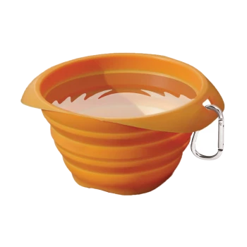 Zusammenklappbare orange Haustierschüssel mit einem silbernen Karabiner, entworfen für einfache Tragbarkeit und Bequemlichkeit.