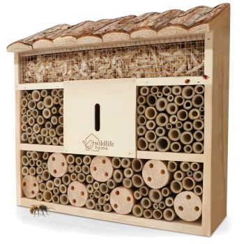 Holzinsektenhotel mit einem schrägen Dach, mit verschiedenen hohlen Röhren und Fächern für Bienen und nützliche Insekten, mit einer Biene auf dem Boden.