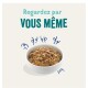 Un bol de nourriture pour animaux de compagnie avec un mélange texturé, accompagné du texte "Regardez par VOUS MÊME" au-dessus.