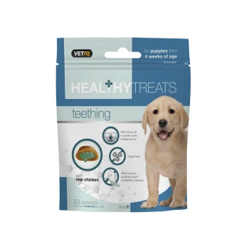 VETIQ Healthy Treats for puppies, labeled "teething," with a smiling Labrador. Contains real chicken, clove oil, 23 servings, under 3 calories each.
