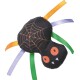 Black plush spider cat toy with orange spiderweb, orange eyes, white fangs and orange, purple, green ribbon legs.