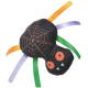 Schwarzes Plüsch-Spinnen-Katzenspielzeug mit orangefarbener Spinnwebenzeichnung, orange Augen, weißen Fangzähnen und Bandbeinen in Orange, Violett und Grün