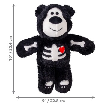 Black plush bear with white skeleton and red heart; measurements 10"/25.4cm vertical, 9"/22.8cm horizontal